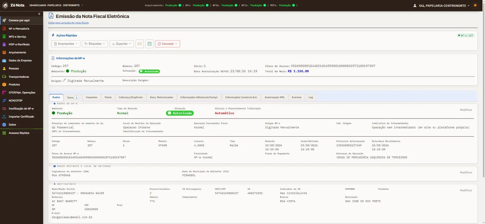 Painel de uma NF-e autorizada no Zé Nota, com chave de acesso, protocolo da SEFAZ e as ações de imprimir, exportar, enviar por e-mail e cancelar.