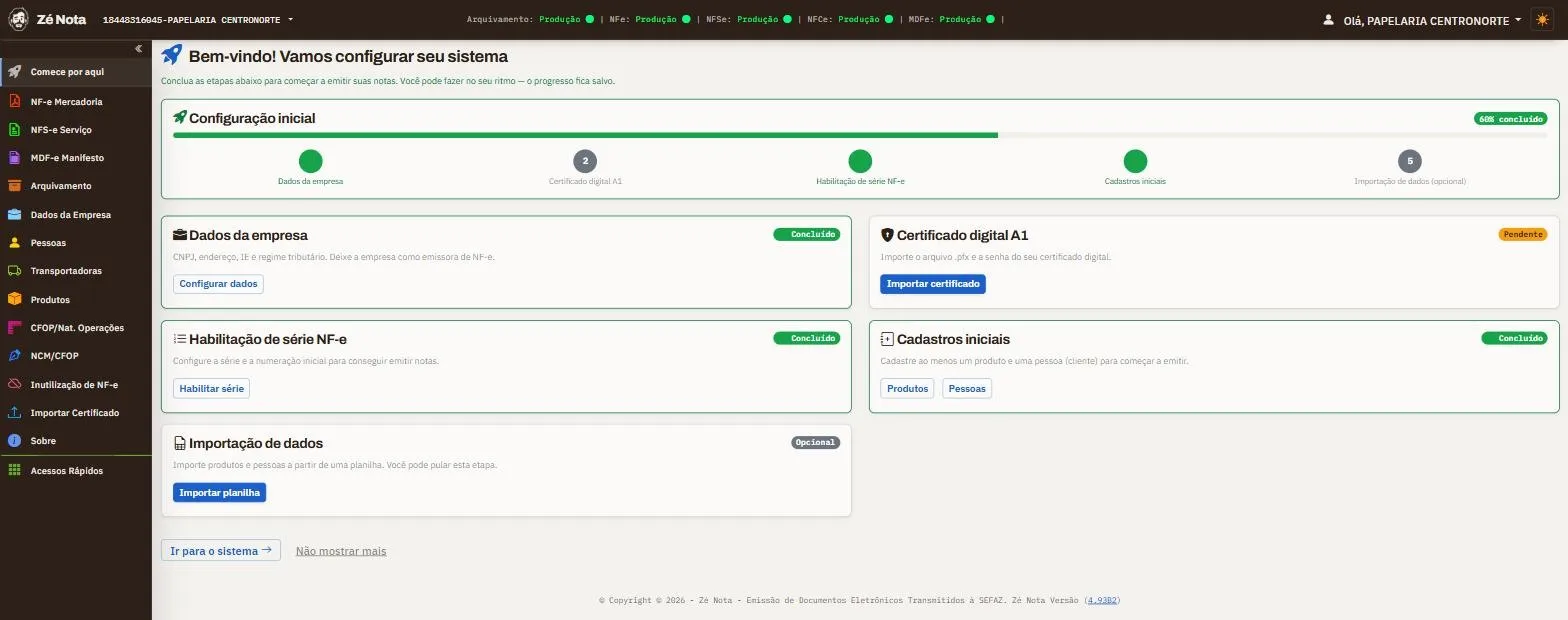 Assistente de configuração inicial do Zé Nota mostrando 60% concluído e as cinco etapas: dados da empresa, certificado, série, cadastros e importação.
