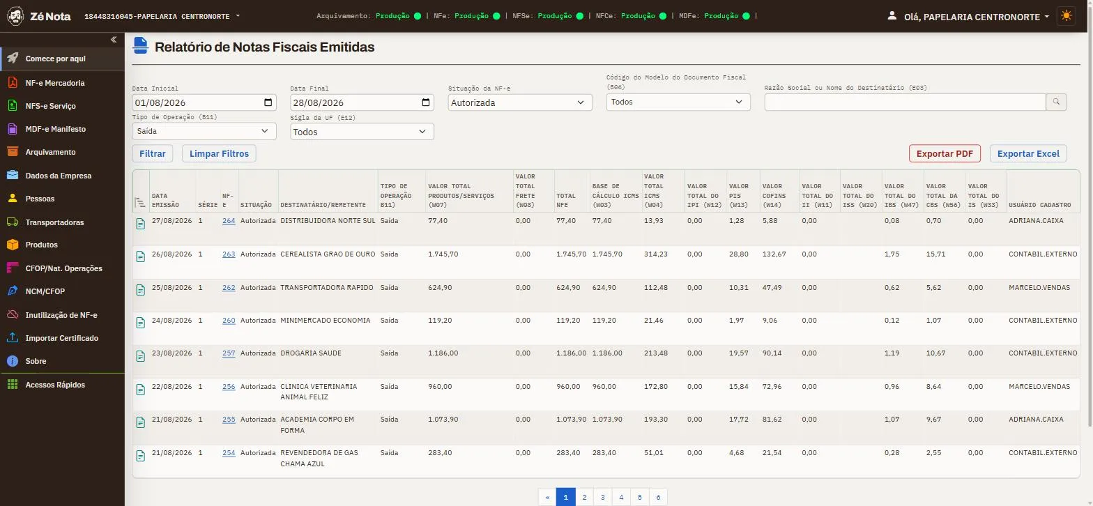 Relatório de notas fiscais emitidas no Zé Nota com colunas de valor total do IBS, da CBS e do Imposto Seletivo, e botões de exportar em PDF e Excel.