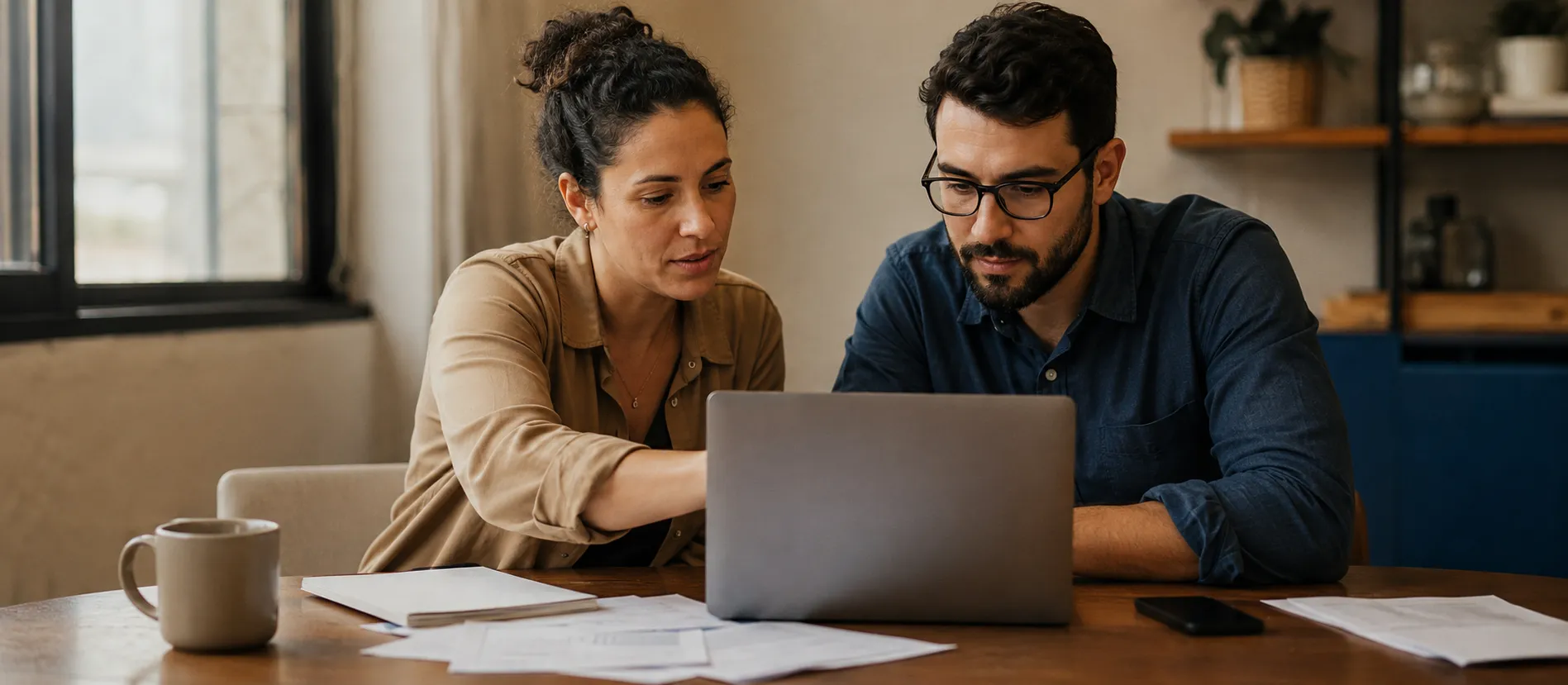 Uma empresária e seu contador sentados lado a lado, olhando juntos a tela de um notebook, com papéis e uma xícara sobre a mesa.