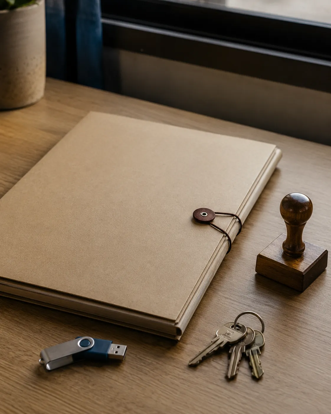 Pasta de documentos fechada com elástico sobre uma mesa de madeira, ao lado de um pen drive, um molho de chaves e um carimbo.