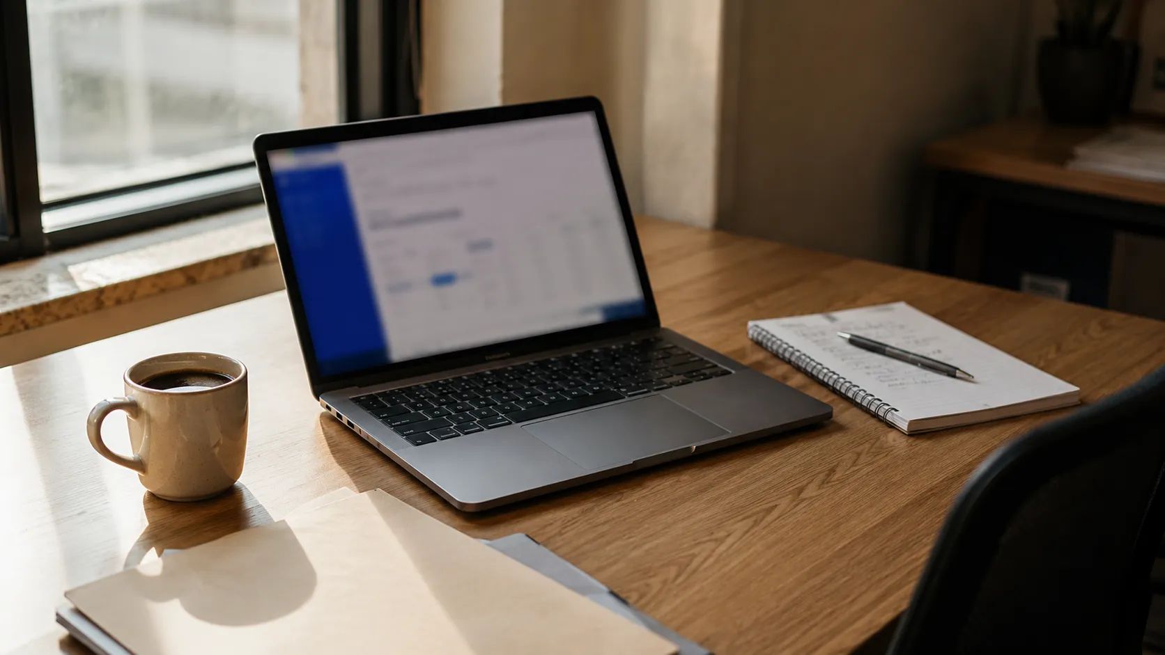 Notebook aberto sobre uma mesa de madeira, ao lado de uma xícara de café e um caderno de anotações, com luz de fim de tarde entrando pela janela.
