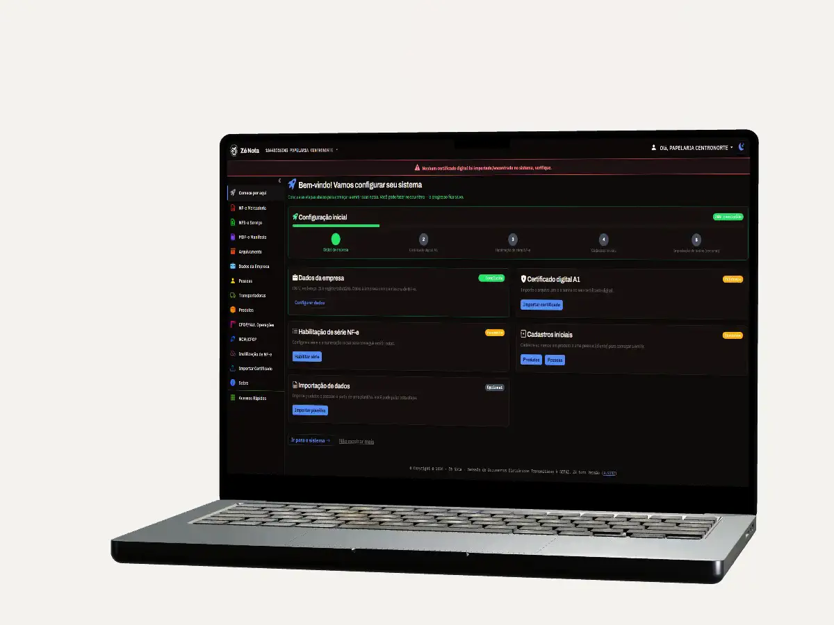 Notebook aberto mostrando o assistente de configuração inicial do Zé Nota, com as cinco etapas até a primeira nota.
